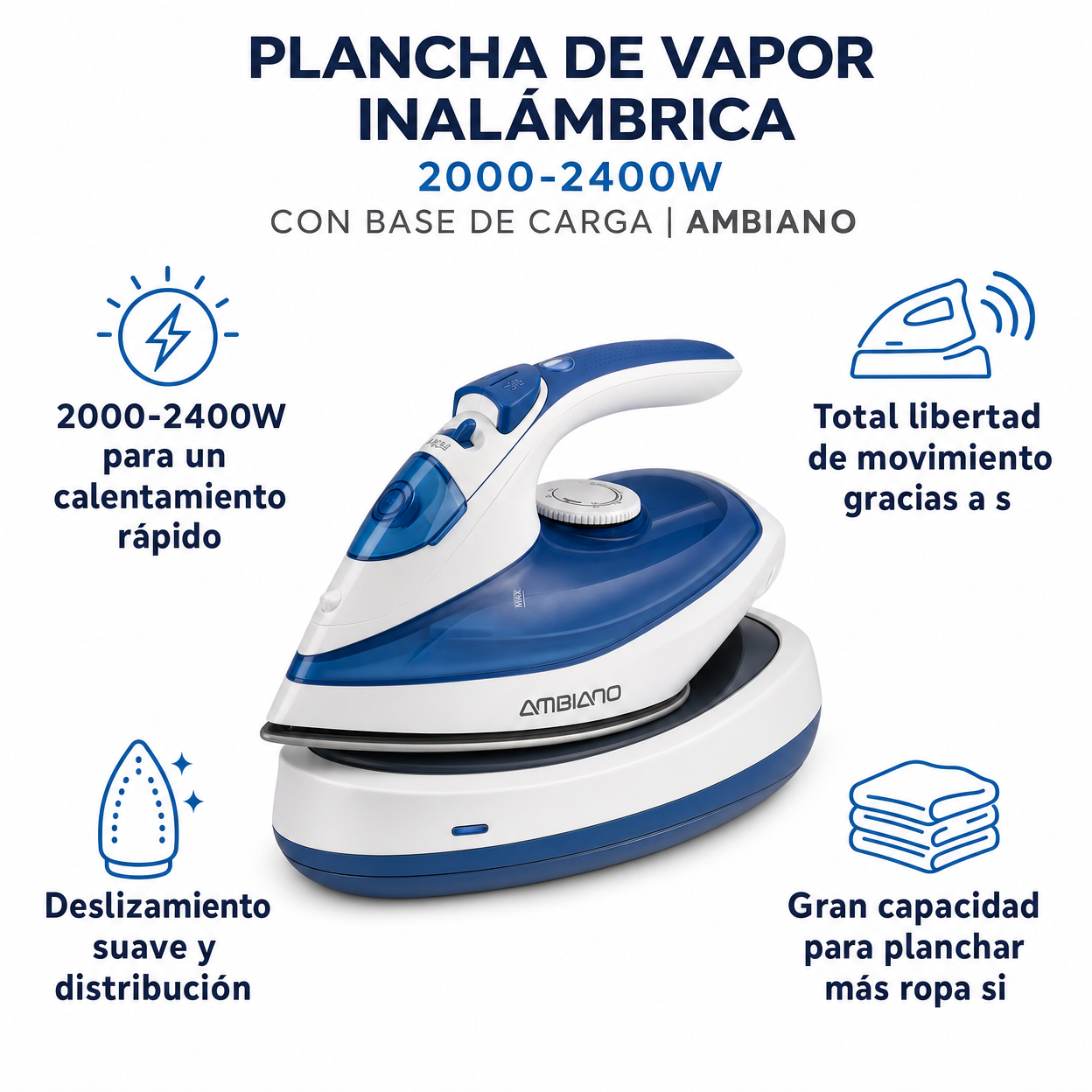 Plancha de Vapor Inalámbrica 2000-2400W con Base de Carga | Ambiano