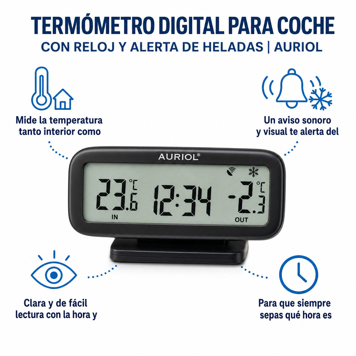 Termómetro Digital para Coche con Reloj y Alerta de Heladas | Auriol