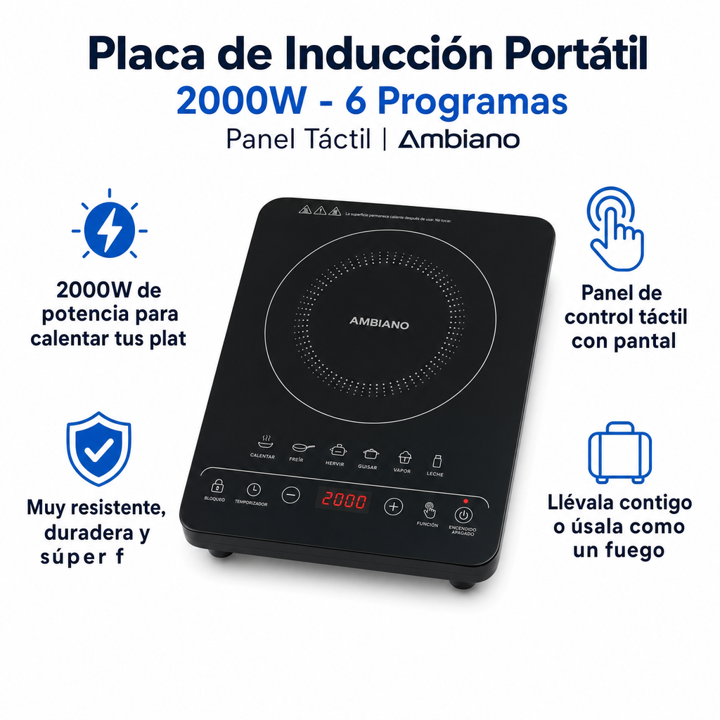 Placa de Inducción Portátil 2000W - 6 Programas Panel Táctil | Ambiano