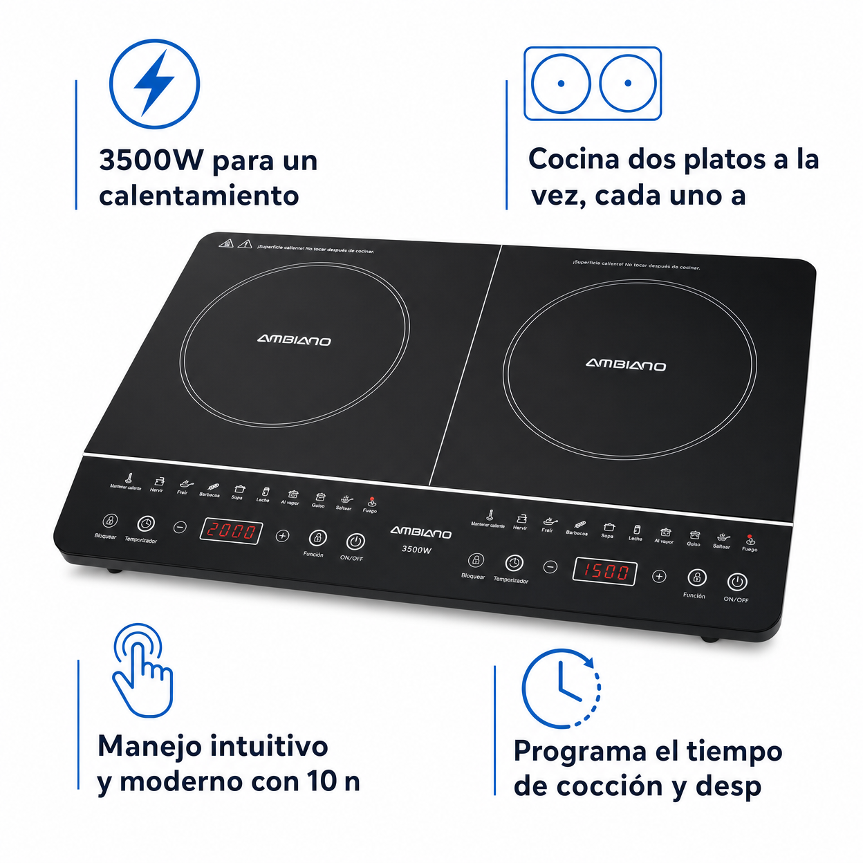 Placa de Inducción Doble 3500W - 2 Fuegos 10 Programas Panel Táctil | Ambiano