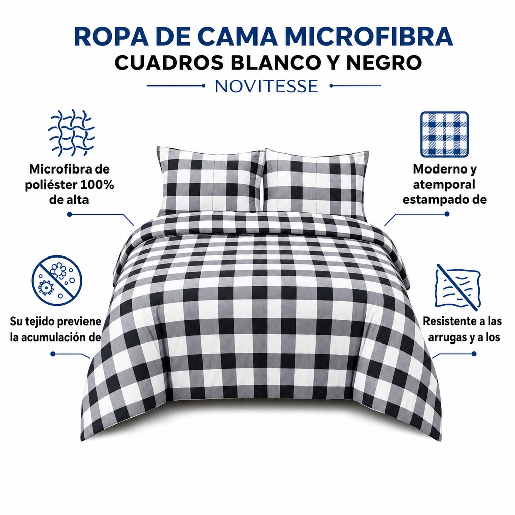 Ropa de Cama Microfibra Cuadros Blanco y Negro Novitesse