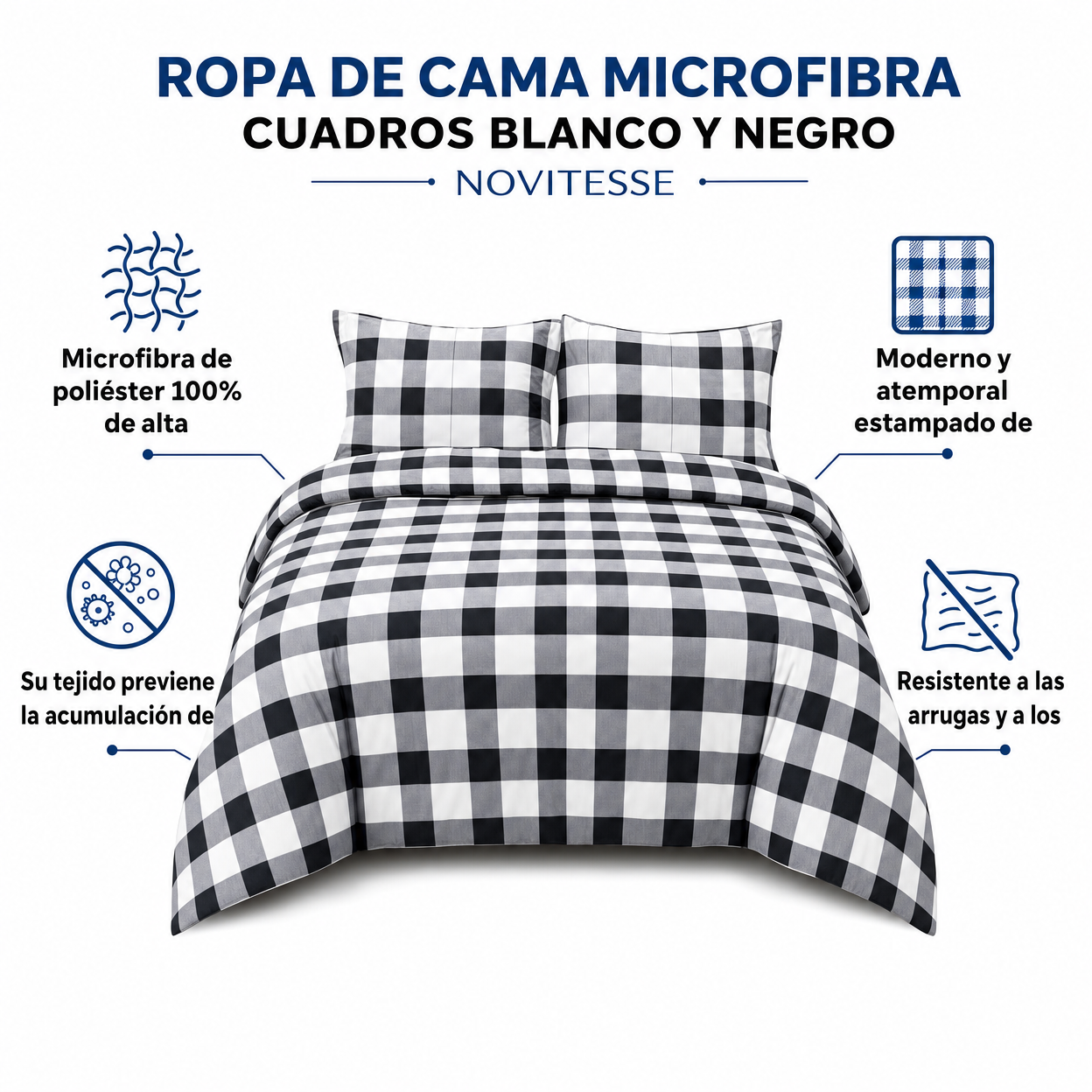 Ropa de Cama Microfibra Cuadros Blanco y Negro Novitesse