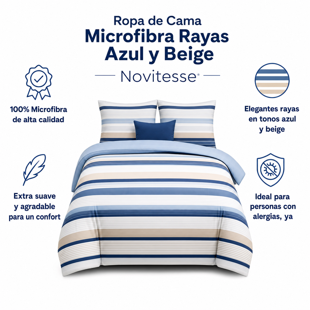 Ropa de Cama Microfibra Rayas Azul y Beige Novitesse