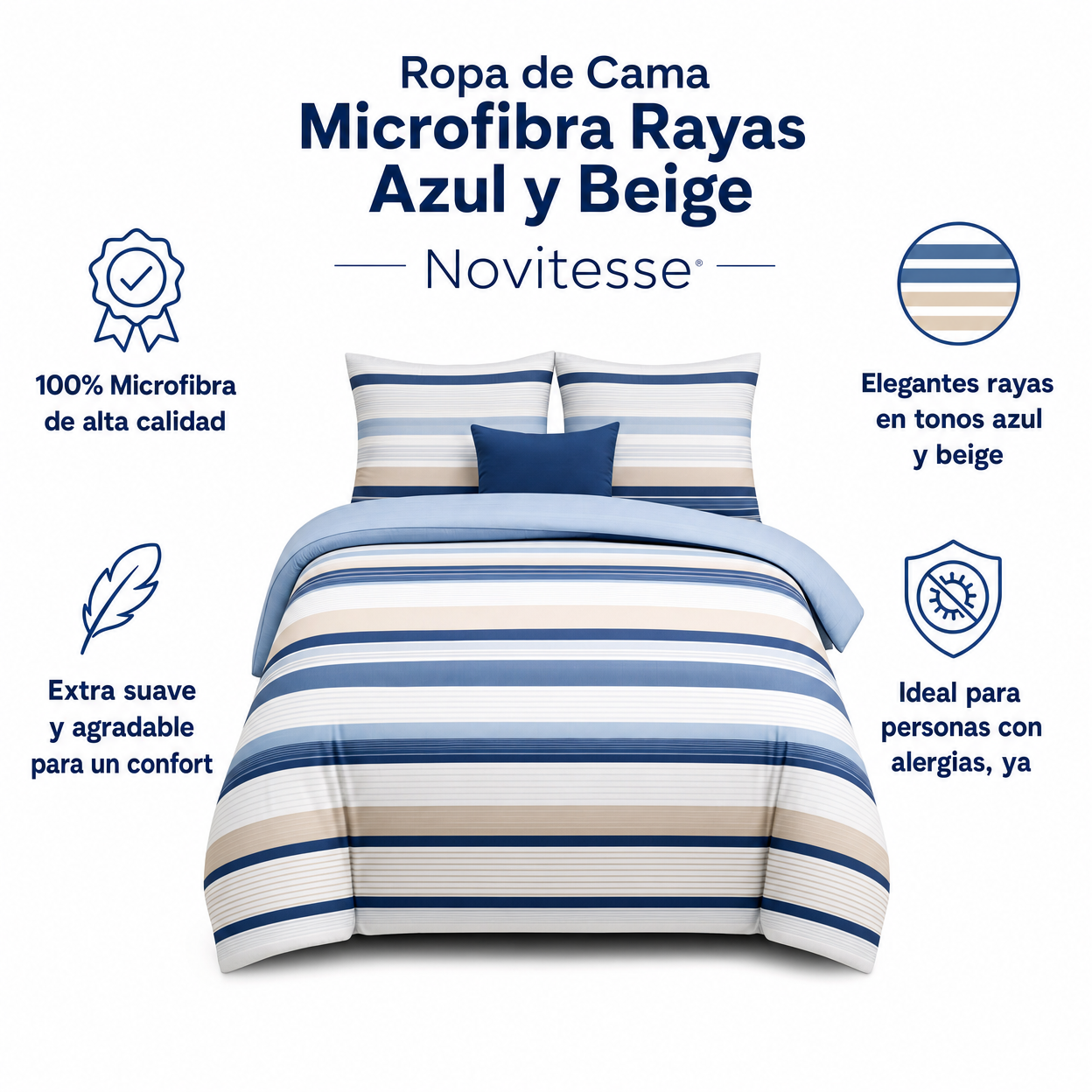 Ropa de Cama Microfibra Rayas Azul y Beige Novitesse