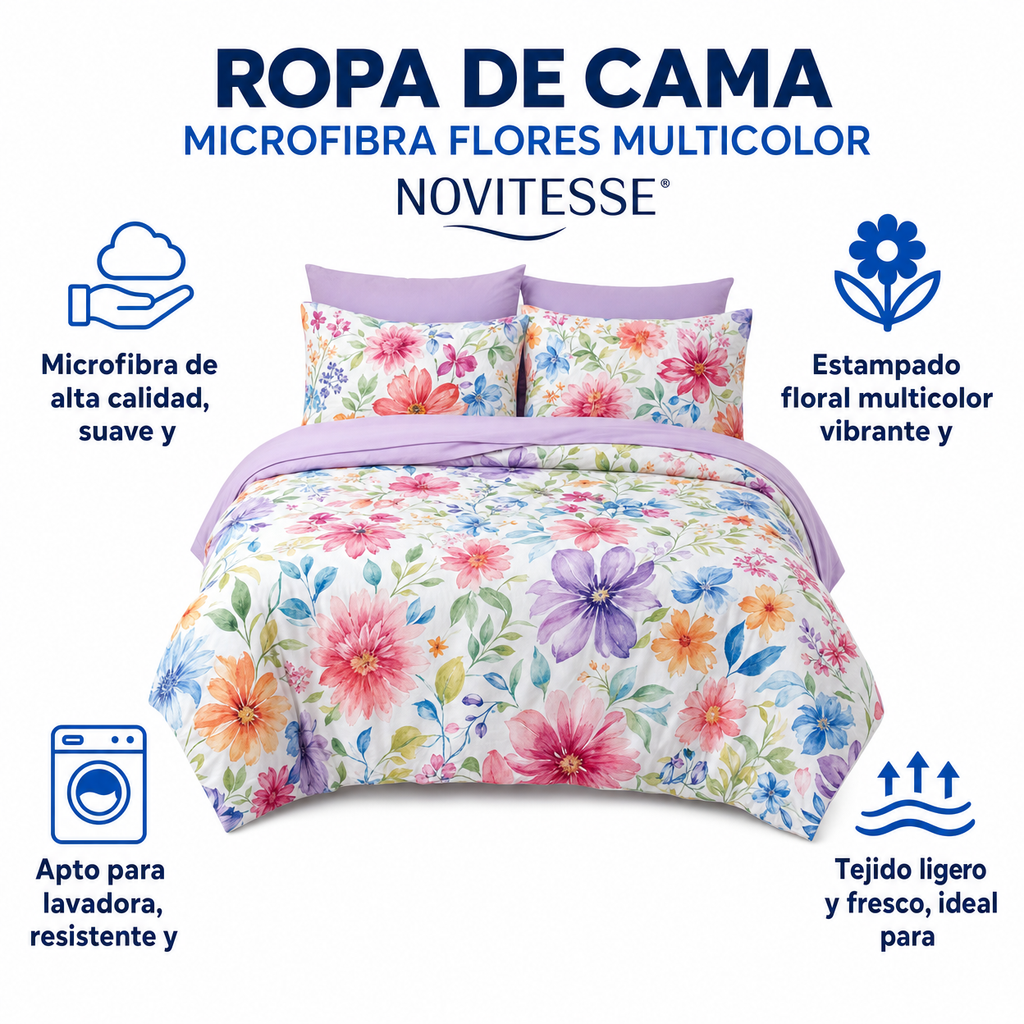 Ropa de Cama Microfibra Flores Multicolor Novitesse