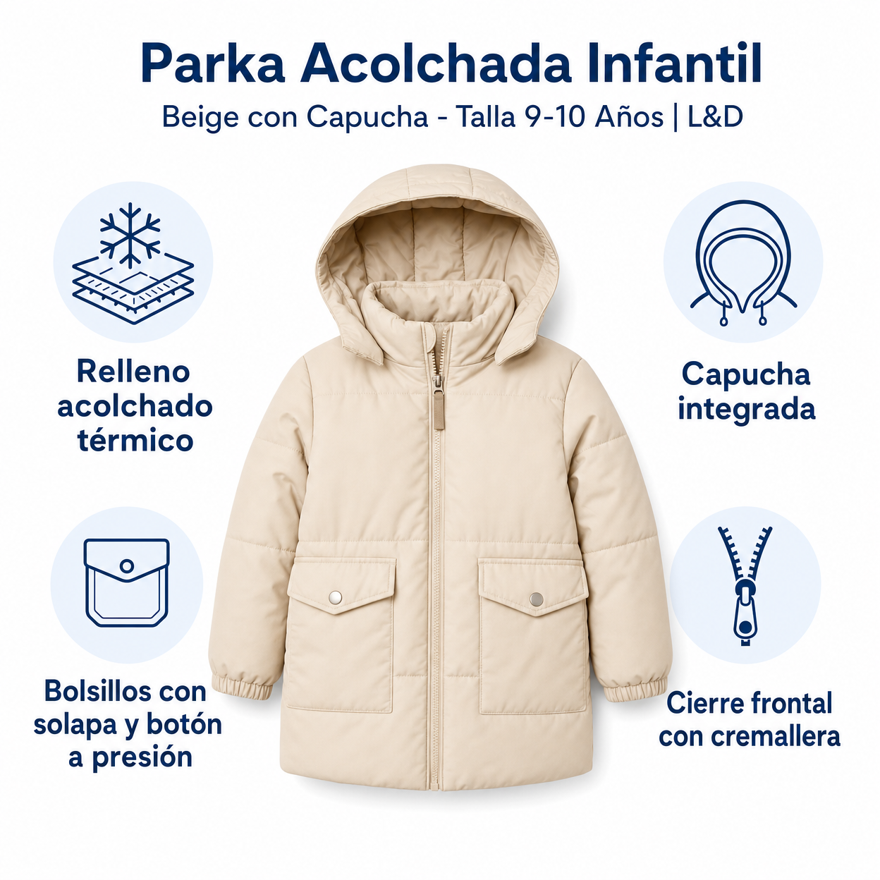 Parka Acolchada Infantil Beige con Capucha - Talla 9-10 Años | L&D
