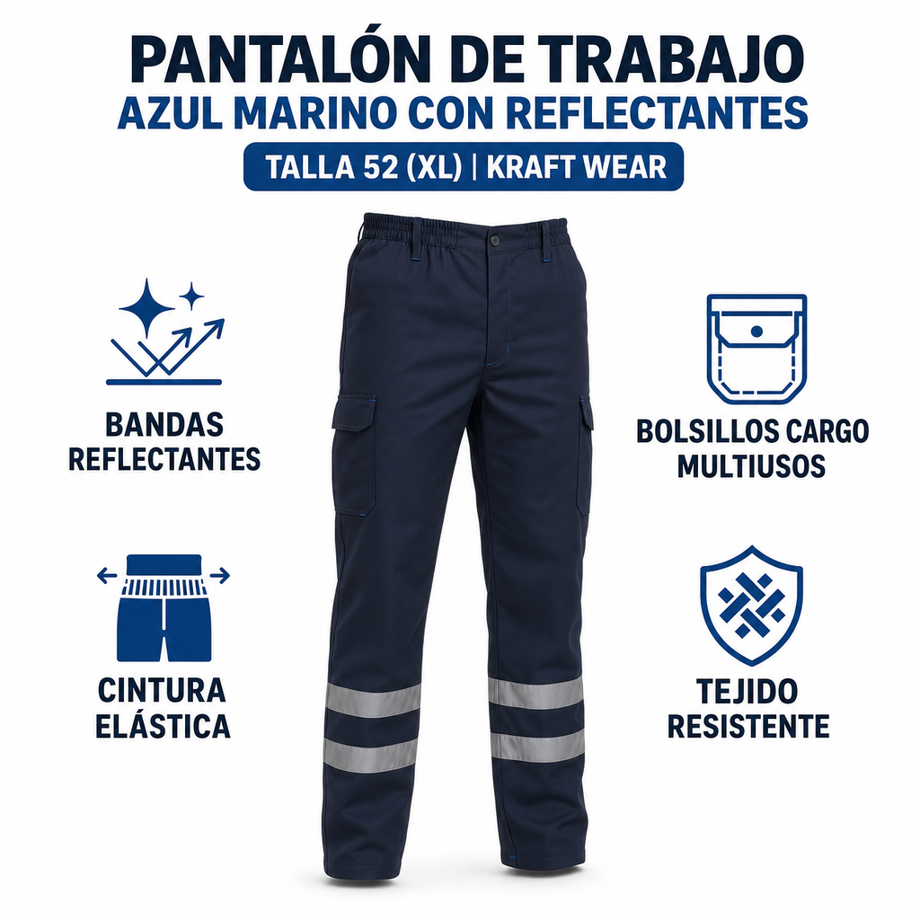 Pantalón de Trabajo Azul Marino con Reflectantes - Talla 52 (XL) | Kraft Wear