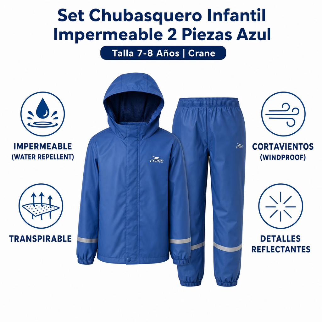 Set Chubasquero Infantil Impermeable 2 Piezas Azul - Talla 7-8 Años | Crane