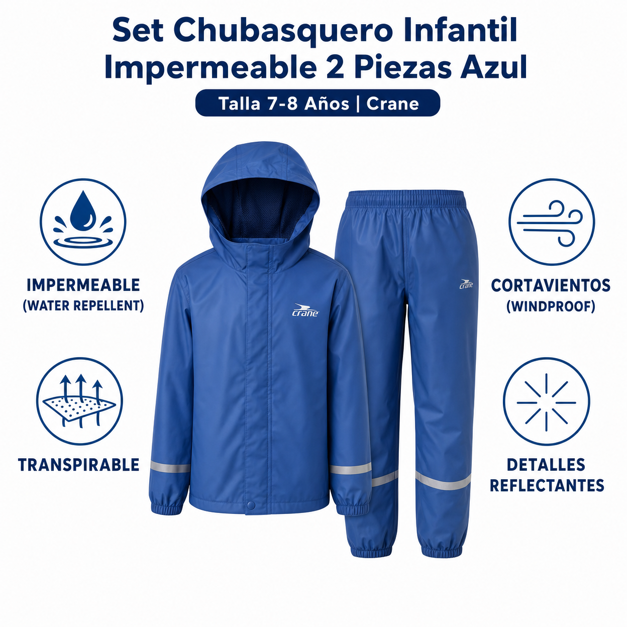 Set Chubasquero Infantil Impermeable 2 Piezas Azul - Talla 7-8 Años | Crane