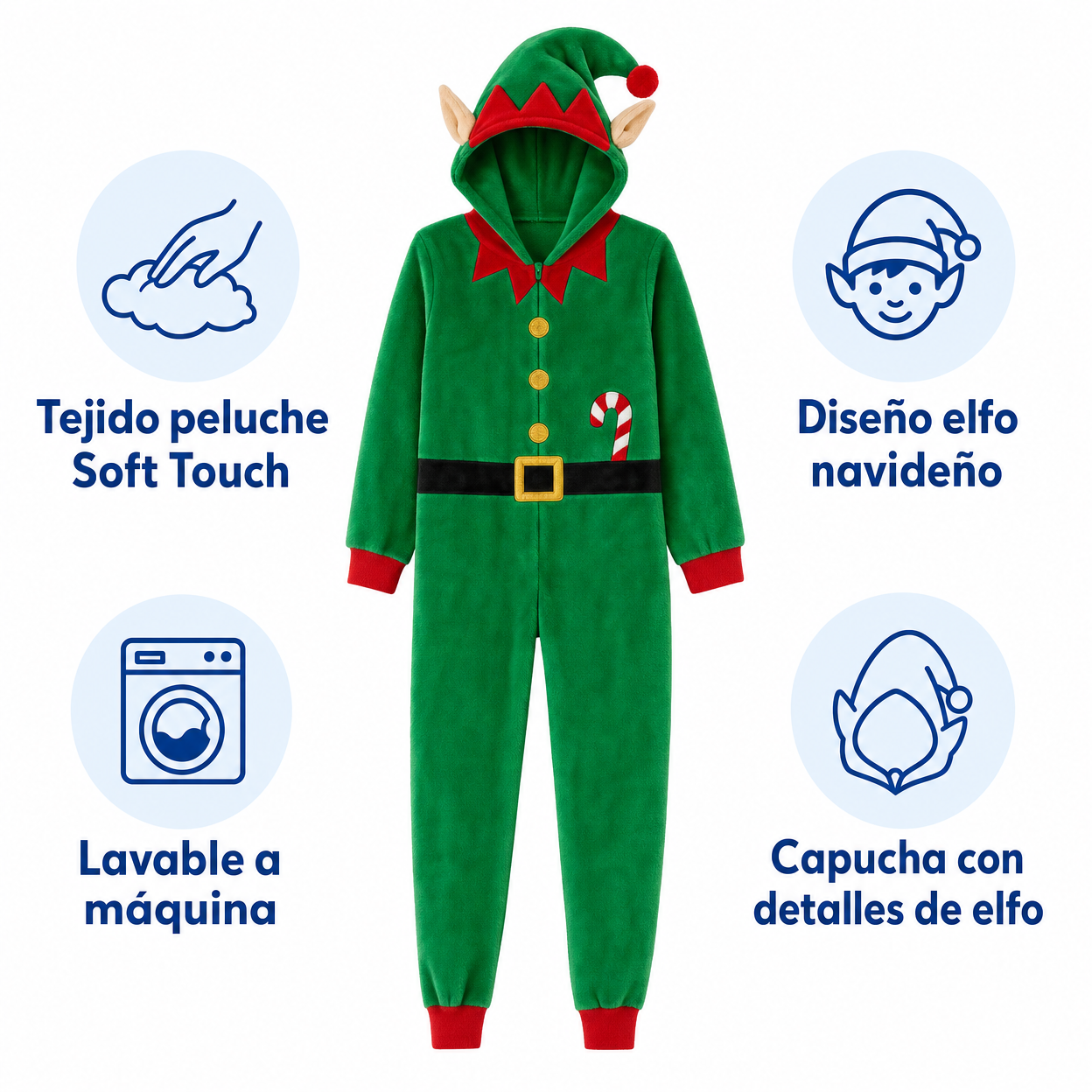 Pijama Mono Navideño Elfo Infantil Peluche Verde - Talla 7-8 Años | L&D