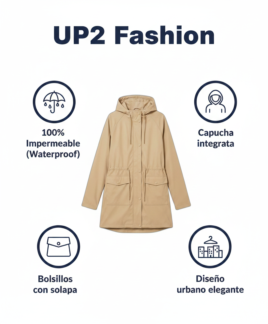 Chubasquero Impermeable Mujer Beige con Capucha - Talla L (44/46) | UP2 Fashion