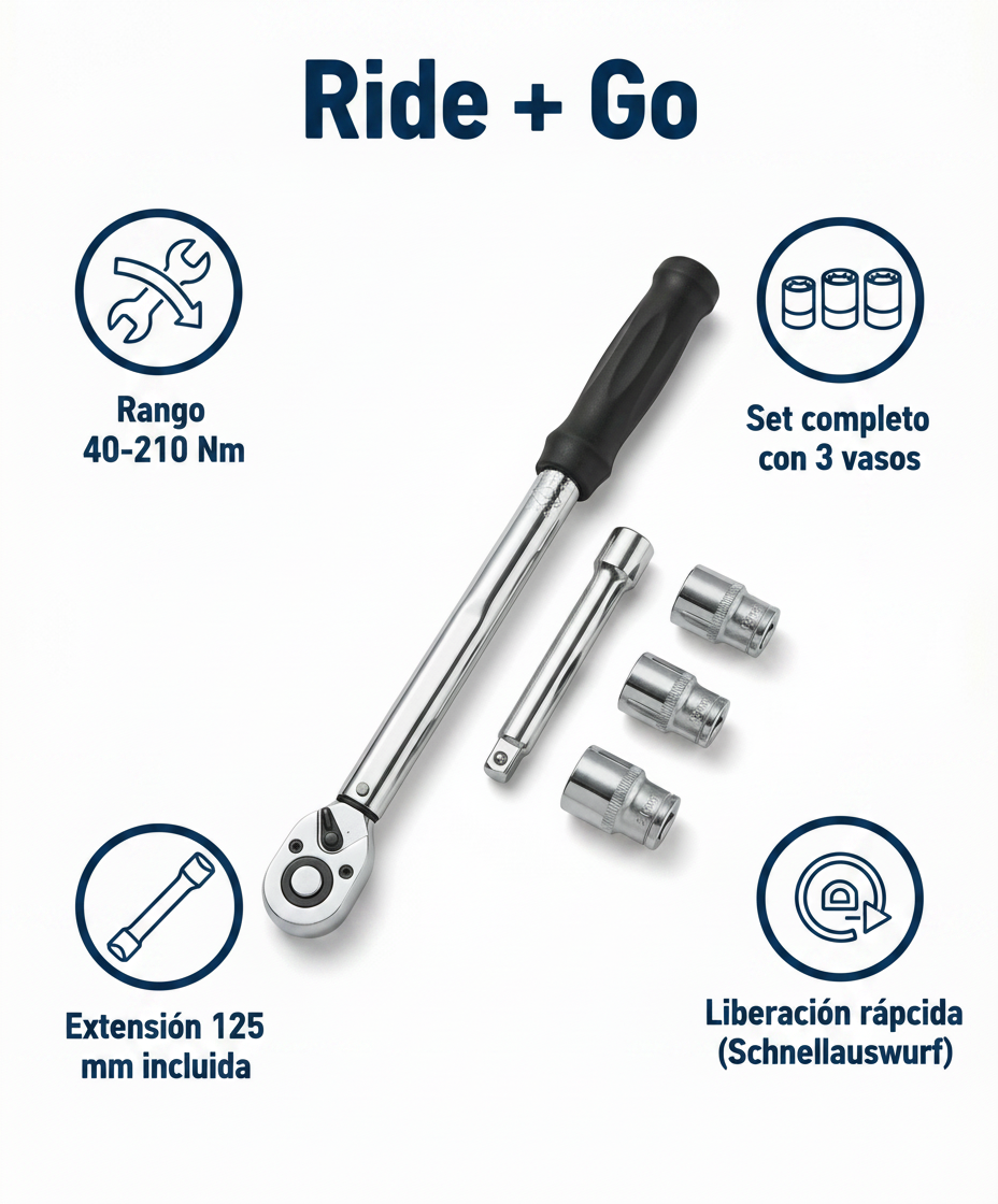 Llave Dinamométrica 1/2" Set Completo 40-210 Nm con Maletín | Ride + Go