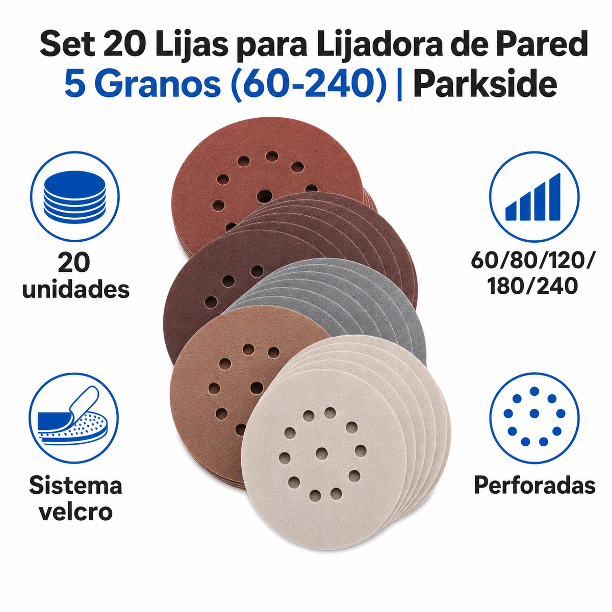 Set 20 Lijas para Lijadora de Pared 5 Granos (60-240) | Parkside