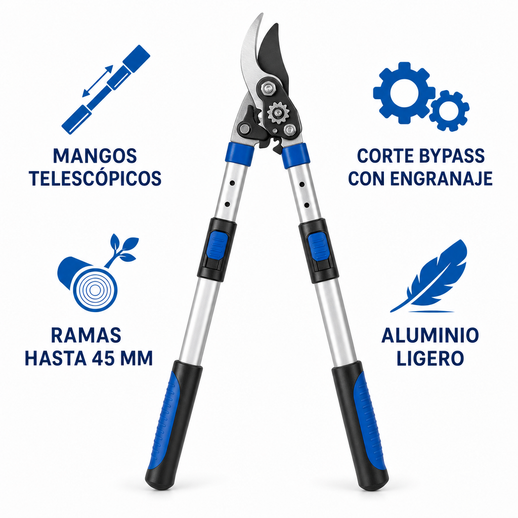 Tijera Cortarramas Telescópica Bypass con Mangos de Aluminio