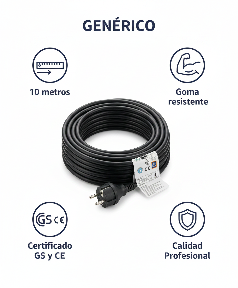 Cable Alargador Eléctrico Exterior 10m Negro IP44 Certificado GS/CE