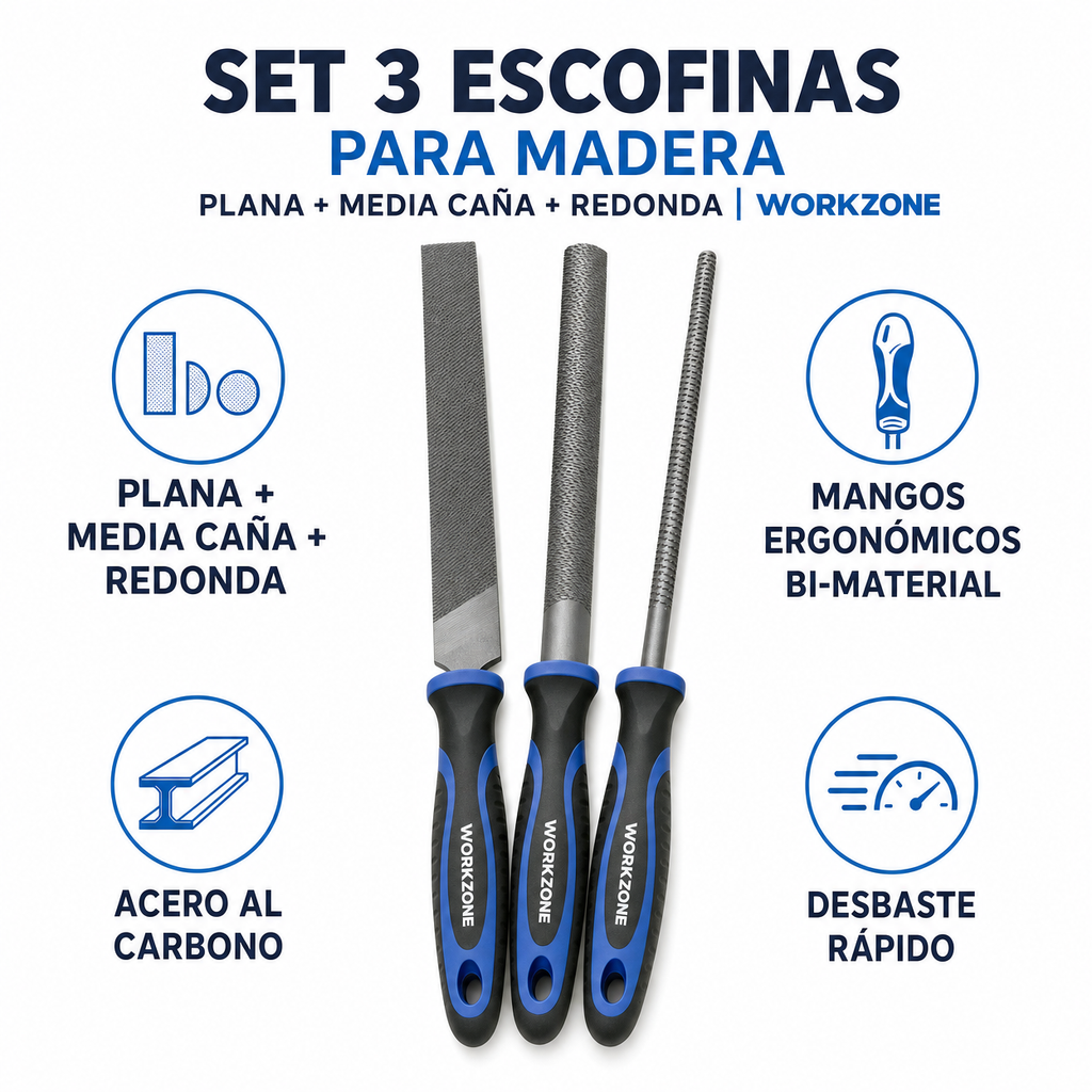 Set 3 Escofinas para Madera Plana + Media Caña + Redonda | Workzone