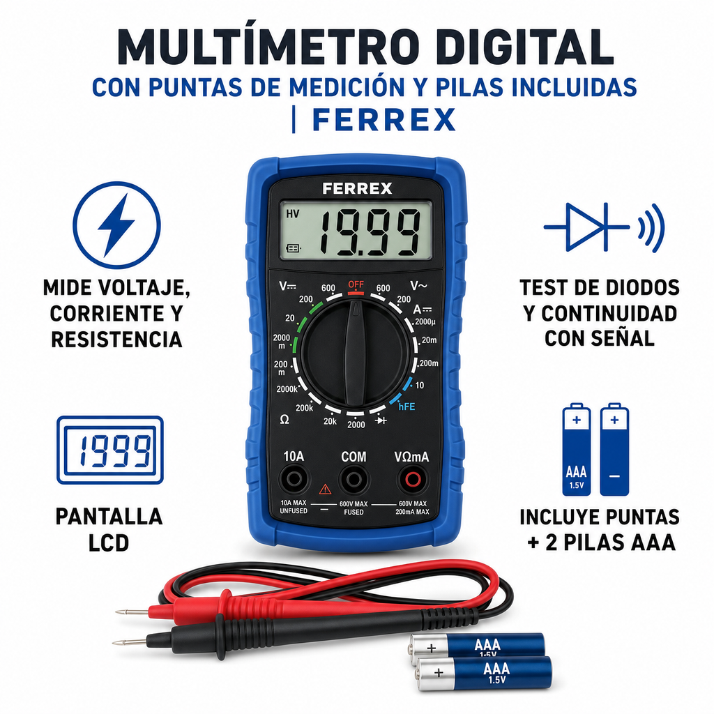 Multímetro Digital con Puntas de Medición y Pilas Incluidas | Ferrex