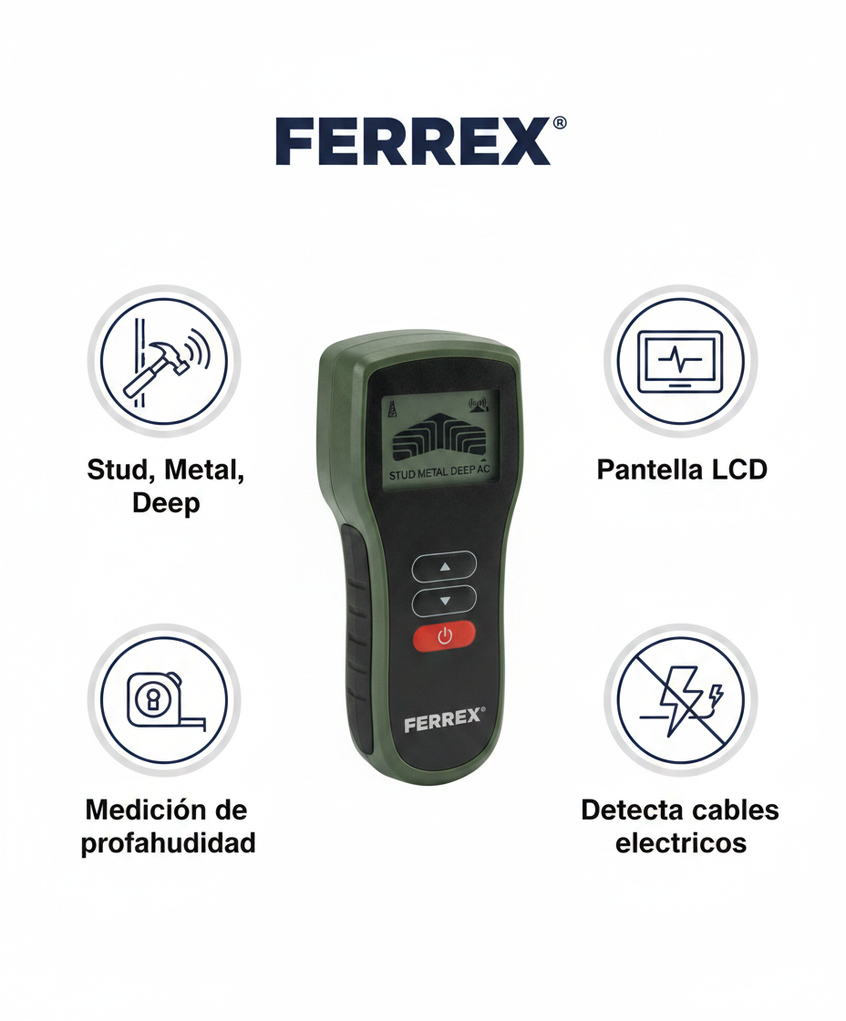 Detector de Pared Multi-Sensor LCD Vigas Metal y Cables AC | Ferrex