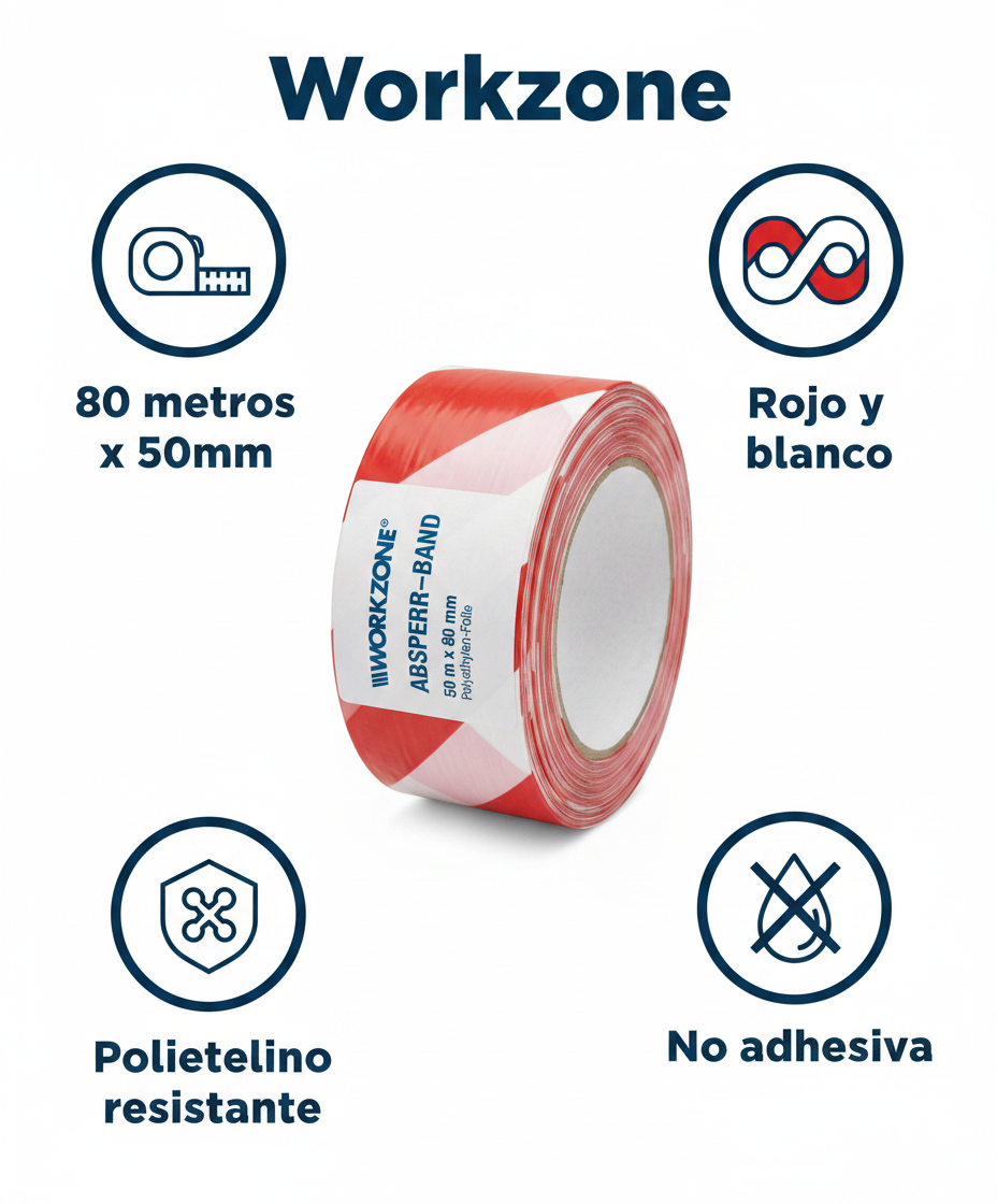 Cinta de Balizamiento Roja y Blanca 50mm x 80m Polietileno | Workzone