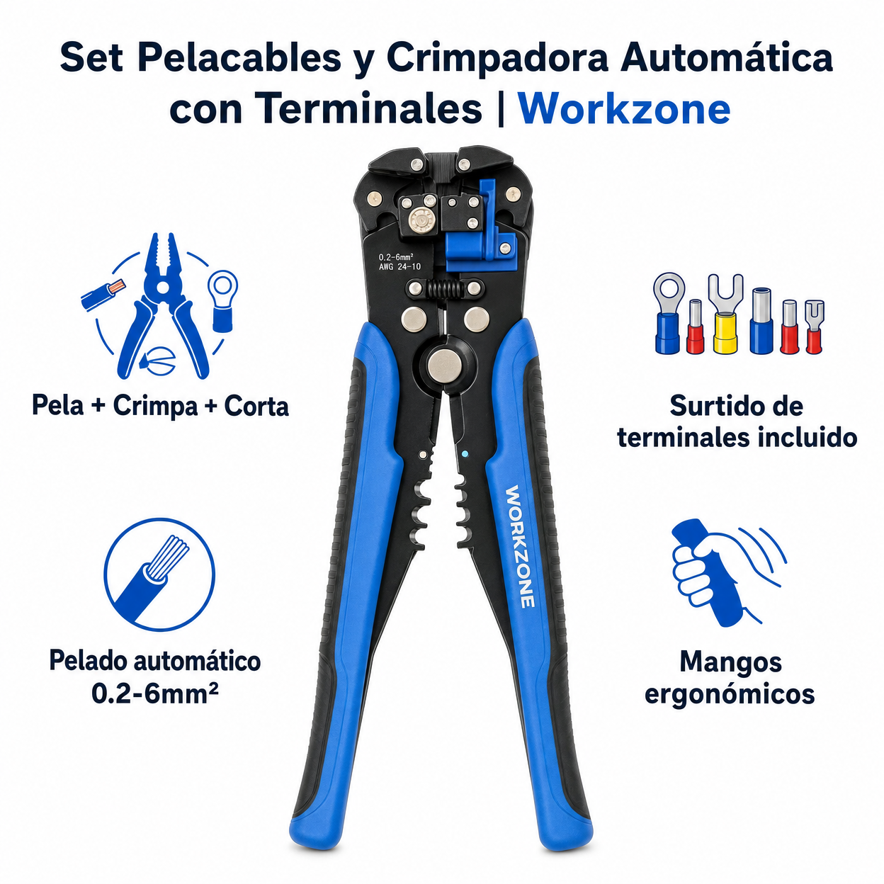 Set Pelacables y Crimpadora Automática con Terminales | Workzone