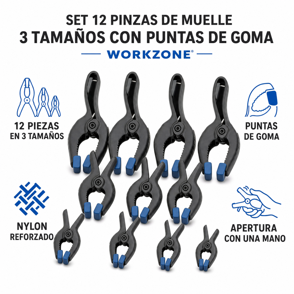 Set 12 Pinzas de Muelle 3 Tamaños con Puntas de Goma | Workzone