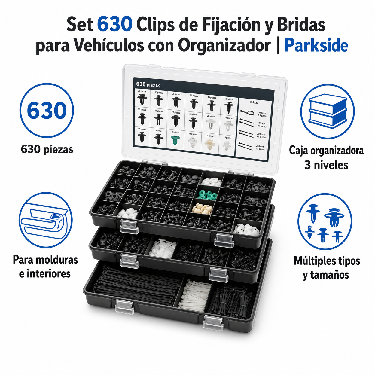 Set 630 Clips de Fijación y Bridas para Vehículos con Organizador | Parkside