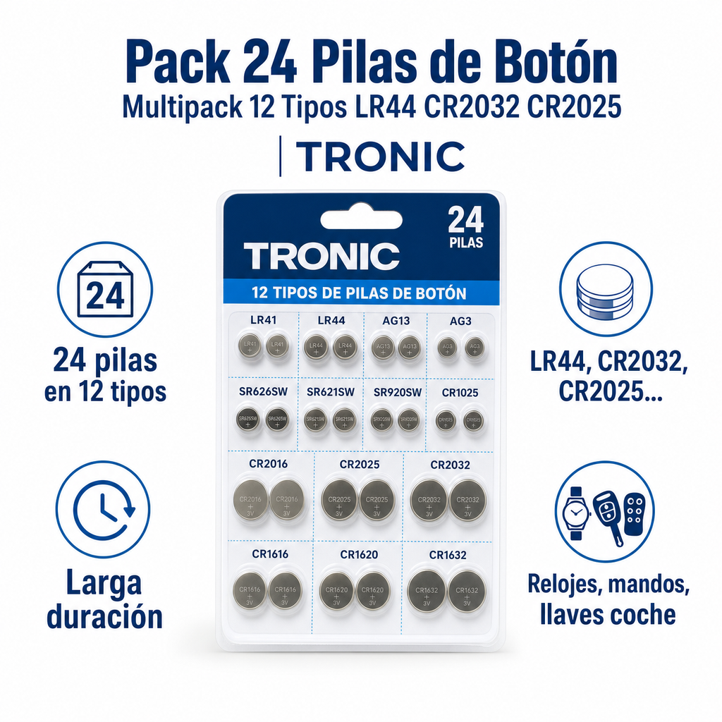 Pack 24 Pilas de Botón Multipack 12 Tipos LR44 CR2032 CR2025 | Tronic