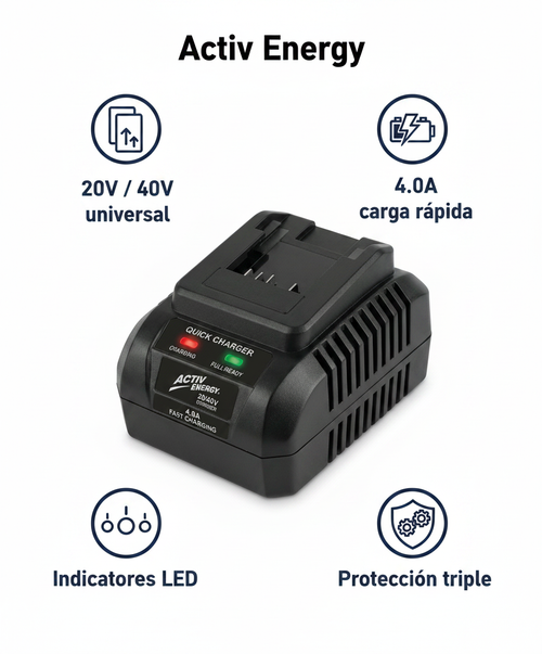 Cargador Rápido 20/40V 4.0A para Baterías Li-Ion | Activ Energy