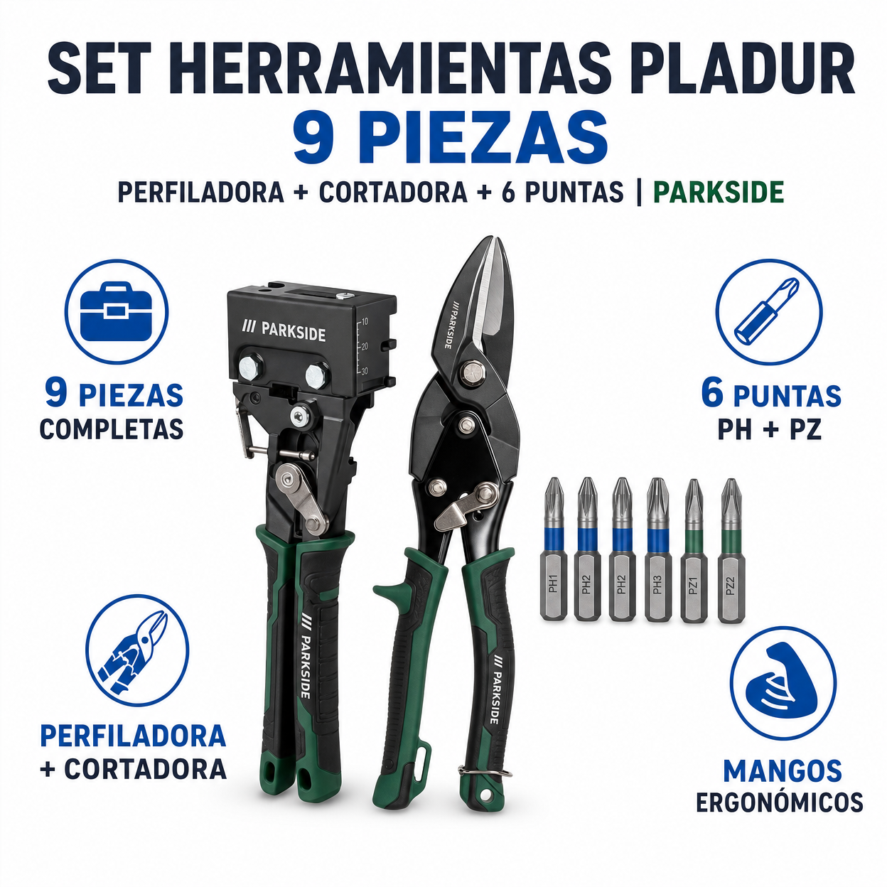 Set Herramientas Pladur 9 Piezas Perfiladora + Cortadora + 6 Puntas | Parkside