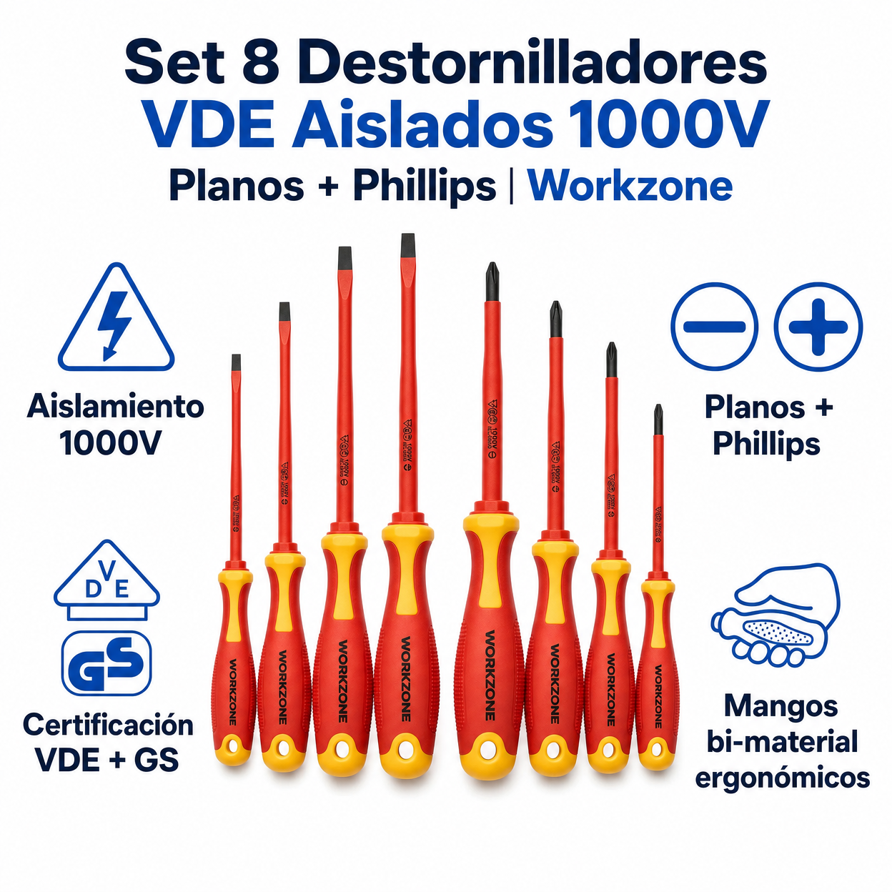Set 8 Destornilladores VDE Aislados 1000V Planos + Phillips | Workzone