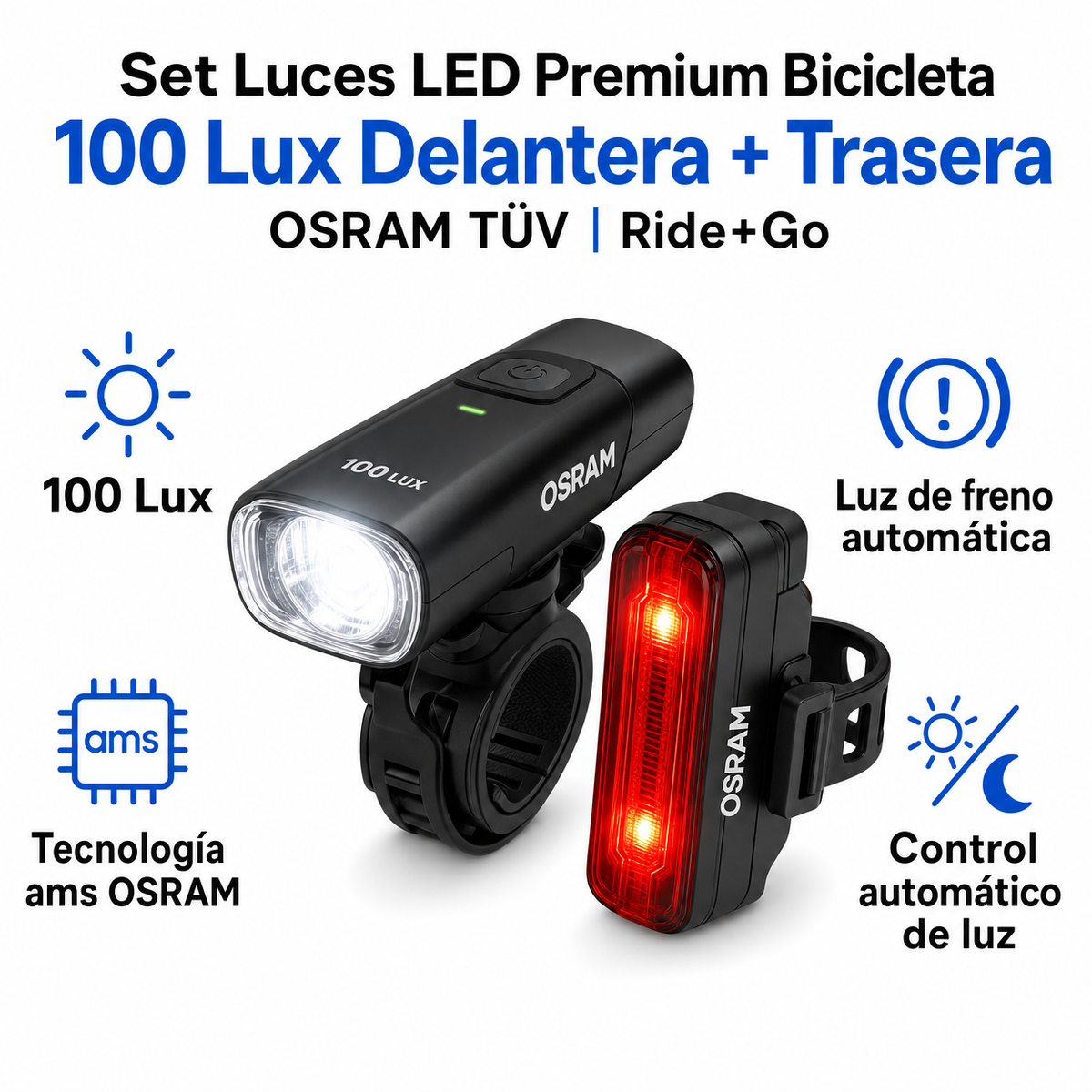 Set Luces LED Premium Bicicleta 100 Lux Delantera + Trasera OSRAM TÜV | Ride+Go