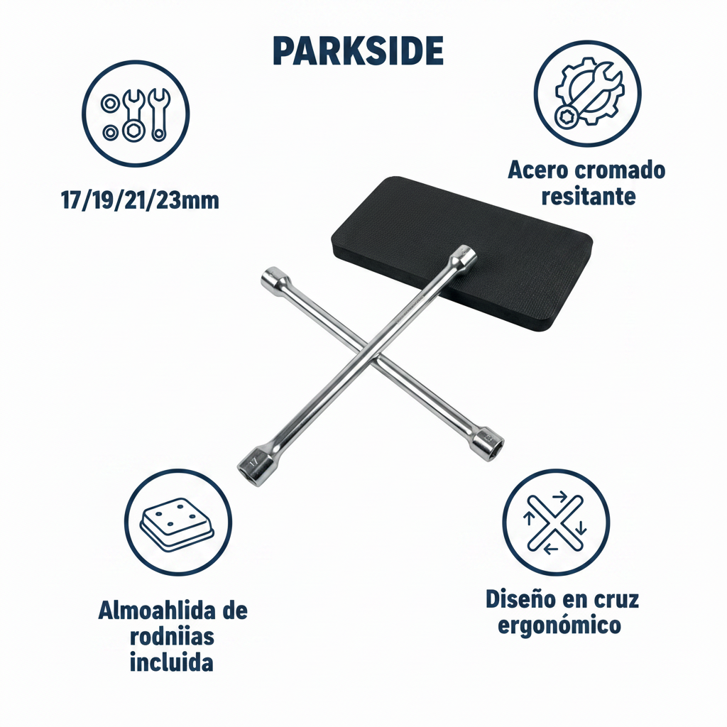Llave de Ruedas en Cruz 4 Vías 17/19/21/23mm + Almohadilla | Parkside