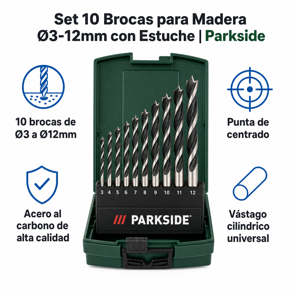 Set 10 Brocas para Madera Ø3-12mm con Estuche | Parkside