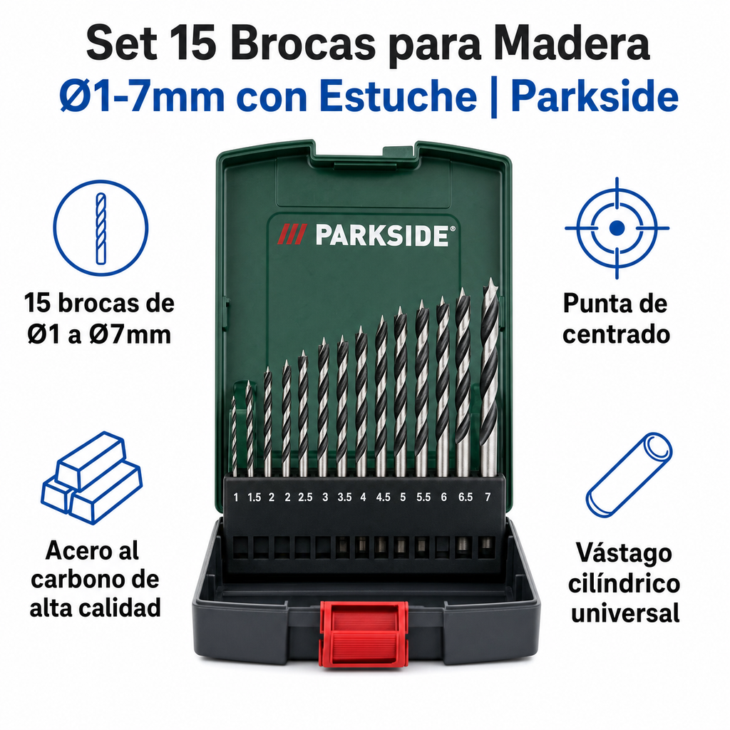 Set 15 Brocas para Madera Ø1-7mm con Estuche | Parkside