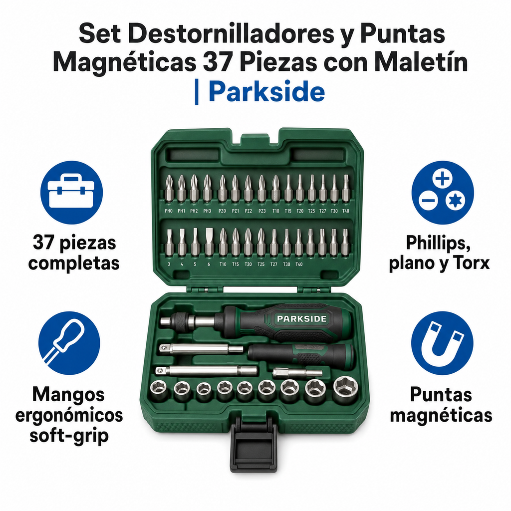 Set Destornilladores y Puntas Magnéticas 37 Piezas con Maletín | Parkside