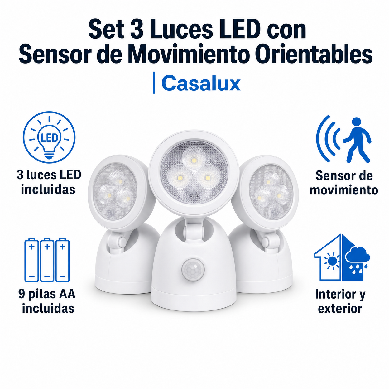 Set 3 Luces LED con Sensor de Movimiento Orientables | Casalux