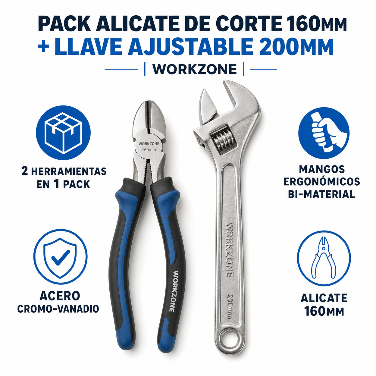 Pack Alicate de Corte 160mm + Llave Ajustable 200mm | Workzone