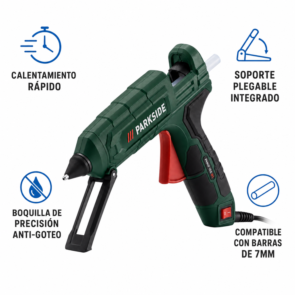 Pistola de Silicona Caliente con Soporte Plegable | Parkside