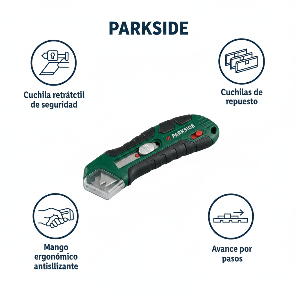 Cúter de Seguridad con Cuchilla Retráctil y Repuestos | Parkside