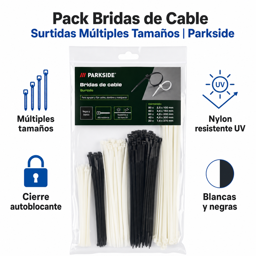 Pack Bridas de Cable Surtidas Múltiples Tamaños | Parkside