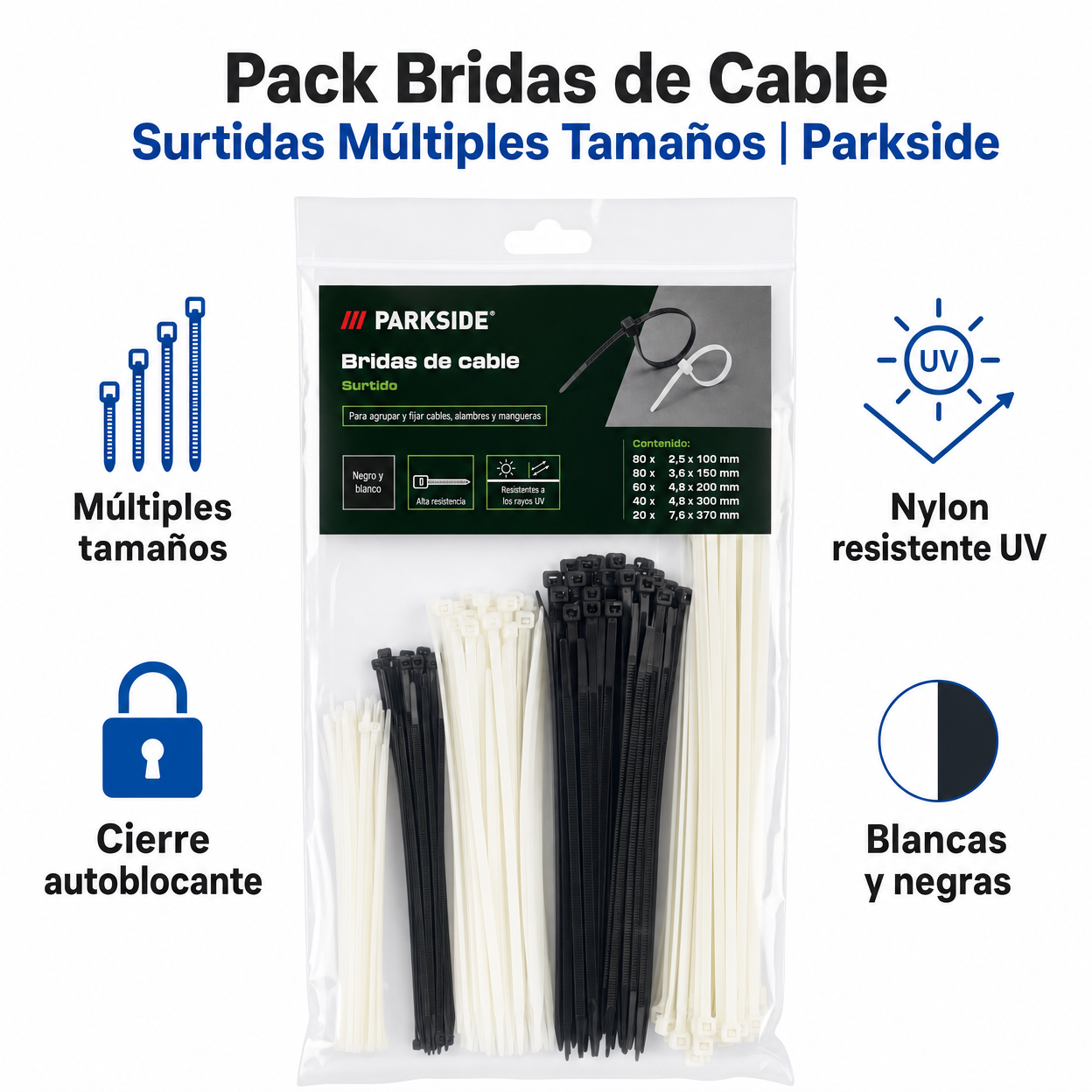 Pack Bridas de Cable Surtidas Múltiples Tamaños | Parkside