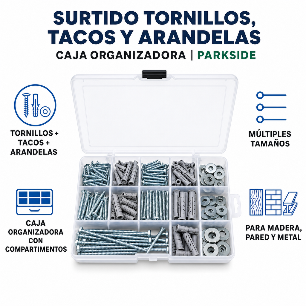 Surtido Tornillos, Tacos y Arandelas Caja Organizadora | Parkside
