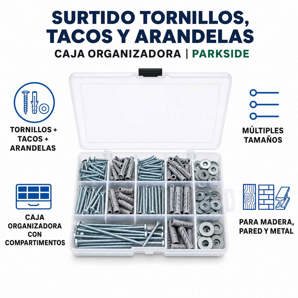Surtido Tornillos, Tacos y Arandelas Caja Organizadora | Parkside
