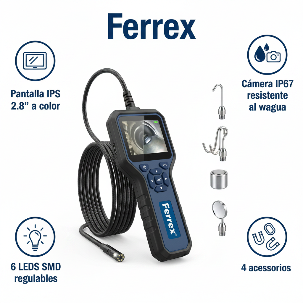 Cámara de Inspección Endoscópica IP67 Pantalla IPS 2.8" | Ferrex