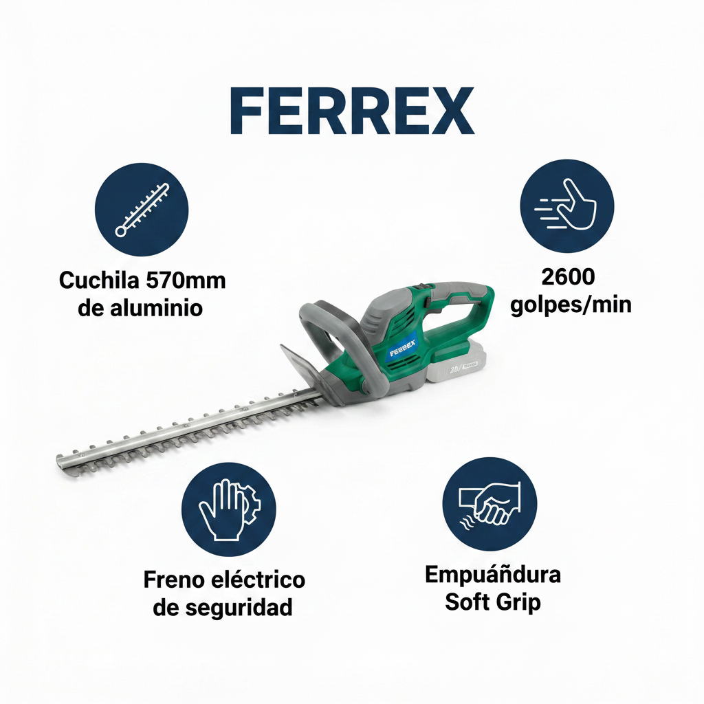 Cortasetos a Batería 20V Cuchilla 570mm Freno Eléctrico | Ferrex