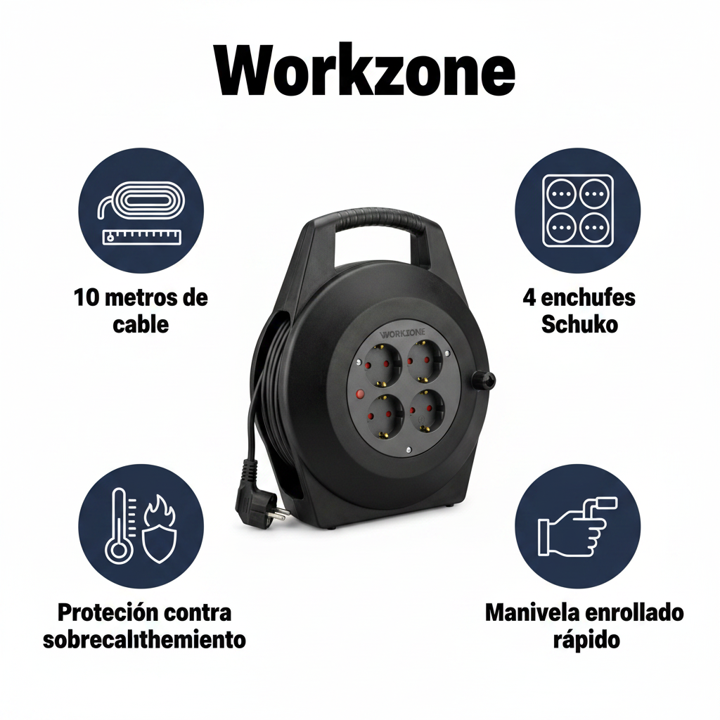 Enrollacables con Tambor 10 Metros 4 Enchufes Schuko | Workzone