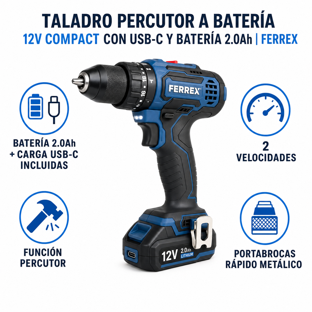 Taladro Percutor a Batería 12V Compact con USB-C y Batería 2.0Ah | Ferrex