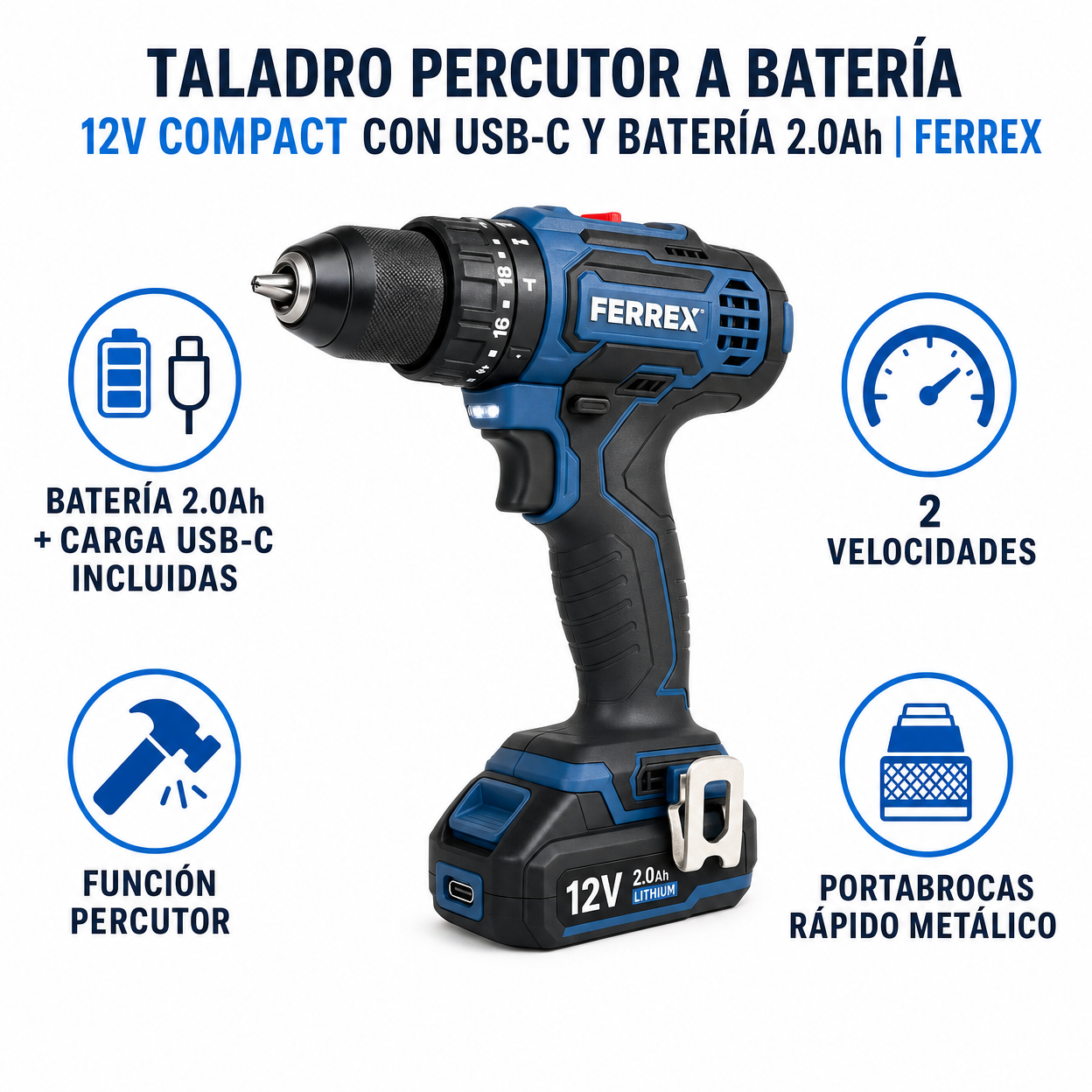 Taladro Percutor a Batería 12V Compact con USB-C y Batería 2.0Ah | Ferrex