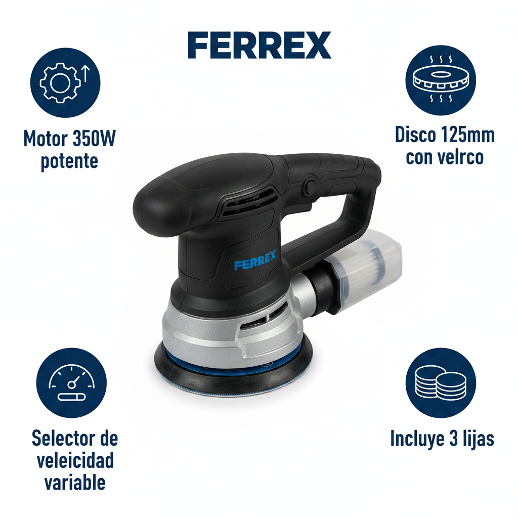 Lijadora Excéntrica 350W Disco 125mm con Selector Velocidad | Ferrex FES 350N