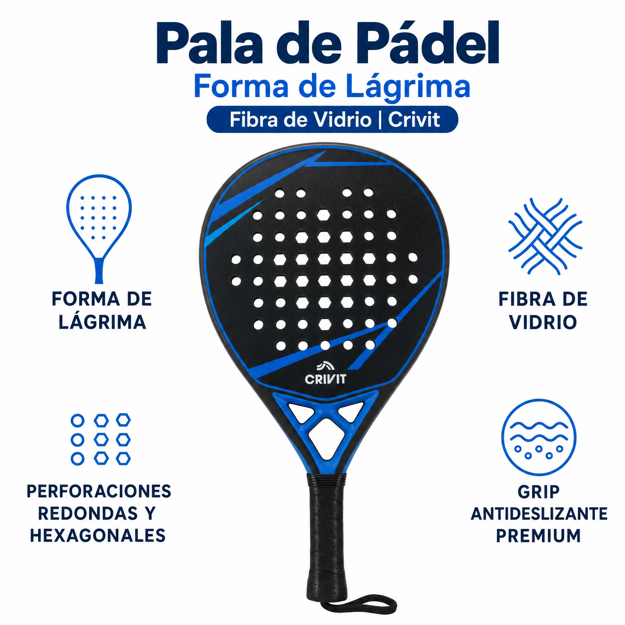 Pala de Pádel Forma de Lágrima Fibra de Vidrio | Crivit